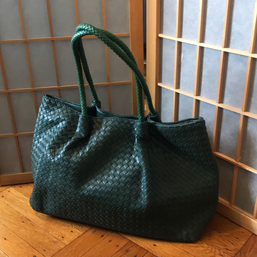 Woven Leather Shoulder Tote in Deep Green